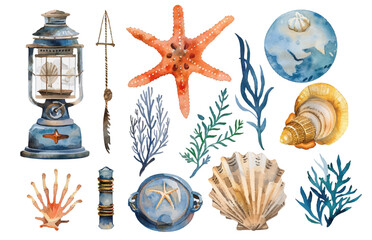 
sea ​​underwater world set, isolated vector watercolor illustration.
