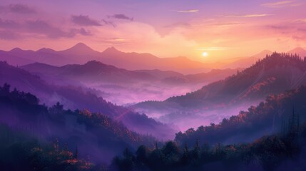 Fototapeta premium Morning landscape of sunrise over a mountain ridge and mist in the valley. AI generative.