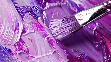 Detail of a paintbrush bristle touching a canvas, leaving behind a trail of vibrant purple paint...
