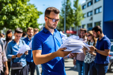 Man in blue shirt volunteering for a public referendum, actively engaging community in corporate sustainability campaign outdoors. Concept of company involvement in ecology initiatives