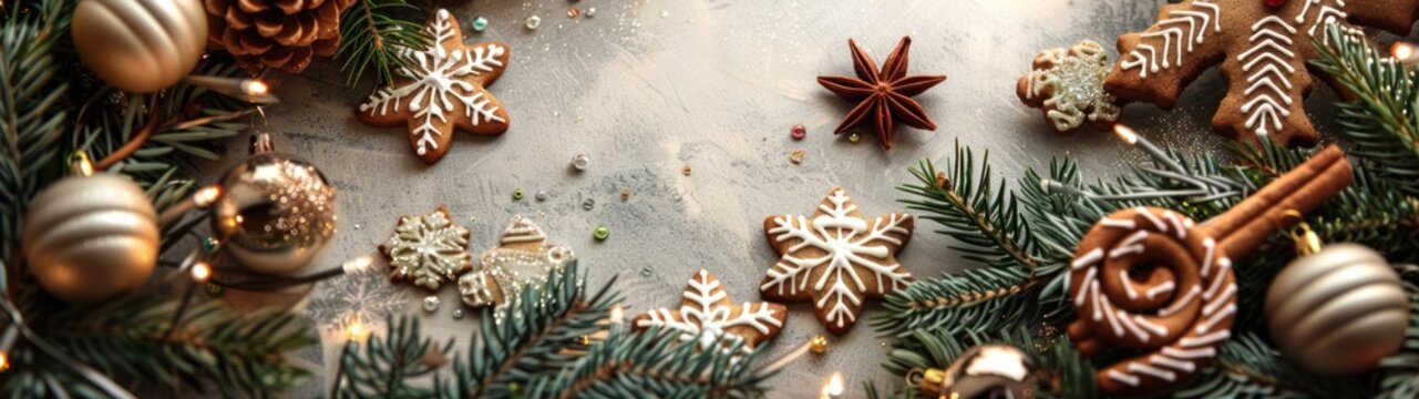 Gray background decorated with Christmas tree decorations, cookies and pine branches. There are gold and silver jewelry, as well as star anise and cinnamon sticks. The background is surrounded by fir 