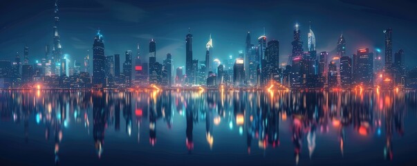 A night view od the cityscape many build with reflection in water. - obrazy, fototapety, plakaty
