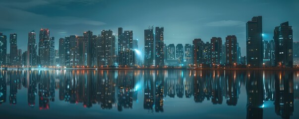 A night view od the cityscape many build with reflection in water.