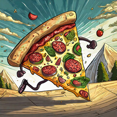 Pizza running, colorful realistic, pepperoni pizza, fastfood illustration. - 781624853