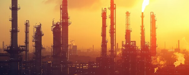 View for the oil rafinery in the sunset, petrochemical plant. - obrazy, fototapety, plakaty