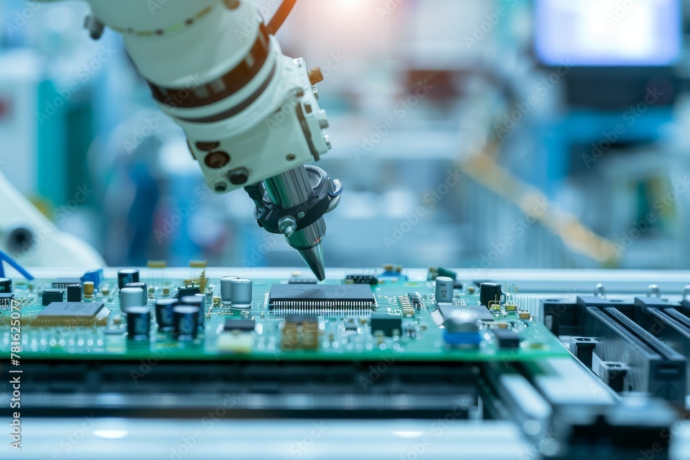 Poster robotic arm assembling electronic components on a circuit board in a tech factory