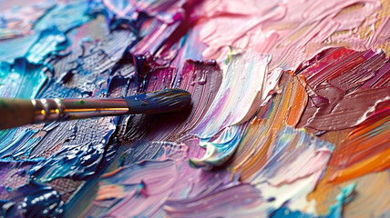 A paintbrush layering thick, buttery strokes of oil paint onto a canvas, blending colors together...