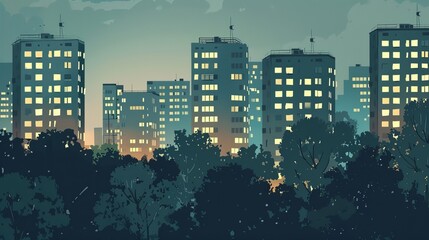 An illustration representing a city at night. The image depicts apartment blocks with lit windows.