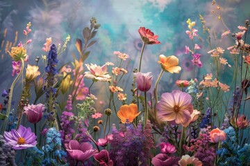 Fototapeta na wymiar Whimsical floral fantasyland with a vibrant spring meadow alive with the vibrant colors and enchanting fragrances of blooming flowers.