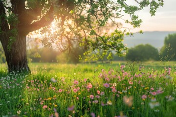 Fototapeta premium Beauty of nature with a captivating spring meadow background, where the earthy scent of grass and flowers fills the air and birdsong echoes through the trees.