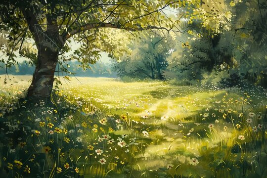 Convey a sense of peace and serenity with a tranquil spring meadow scene, where wildflowers bloom amidst the quiet beauty of nature.