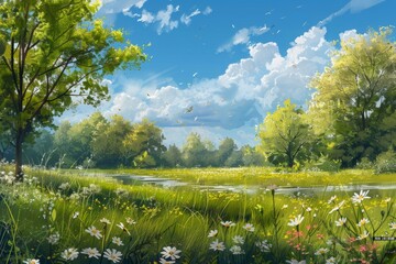 Serene spring meadow backdrop, beauty of the natural world. 