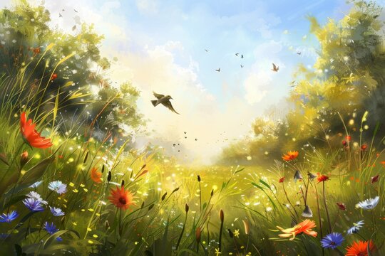 Sunny spring meadow background serenaded by the chirping of birds and the hum of insects, radiating warmth and happiness.