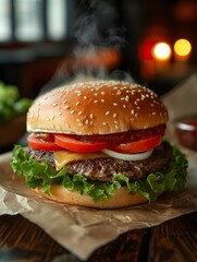 Commercial-quality burger with steamy beef patty, melted cheese, crisp lettuce, fresh tomato, and sesame bun on a rustic table