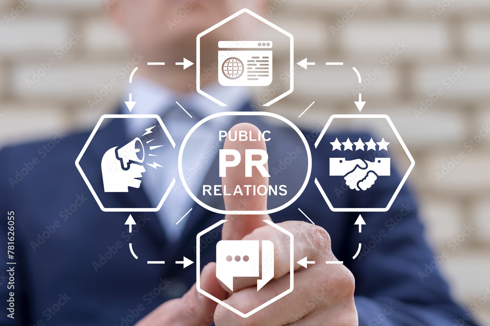 Poster business man using virtual touch screen clicks text: pr public relations. pr public relations concep