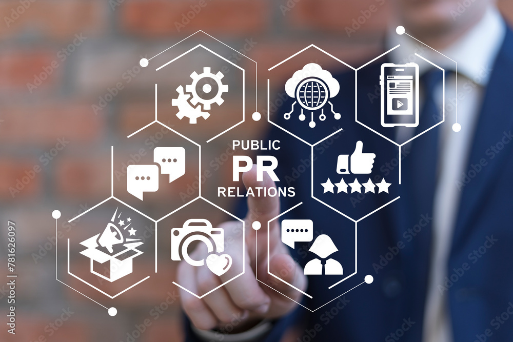 Aufkleber business man using virtual touch screen clicks text: pr public relations. pr public relations concep