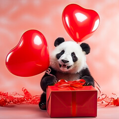 Cute panda bear with a red heart shaped balloons and a gift box. Valentine's Day, Women's Day...