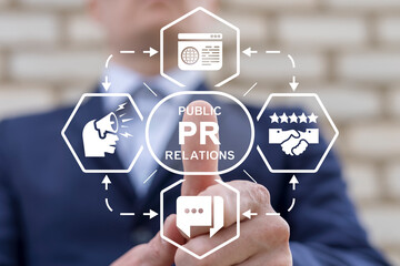 Business man using virtual touch screen clicks text: PR PUBLIC RELATIONS. PR Public Relations...