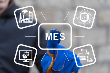 Engineer using virtual touch screen presses abbreviation: MES. MES - Manufacturing Execution System concept. Manufacturing Execution System Automation Robotics Technology.