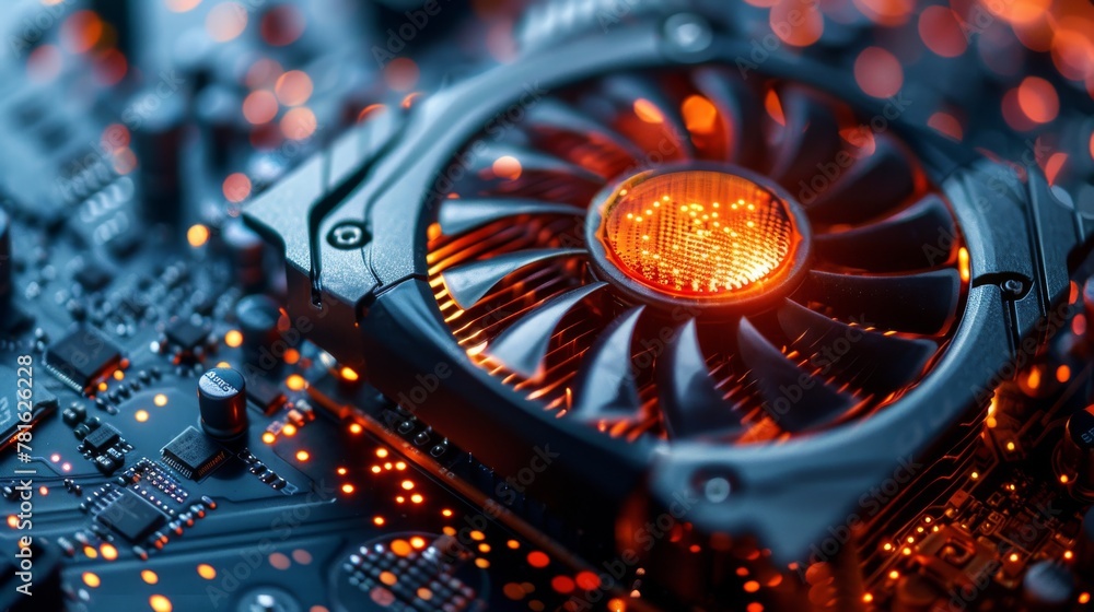 Poster close-up of a glowing gpu cooling system with intricate details