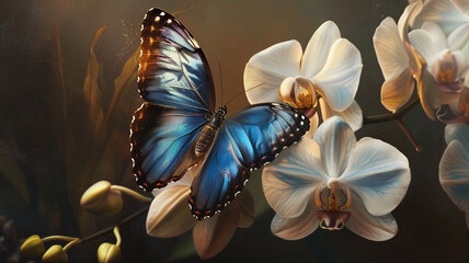 An exquisite sight of a blue morpho butterfly gracefully alighting on the delicate petals of a white orchid, its wings showcasing a mesmerizing display of iridescent hues.