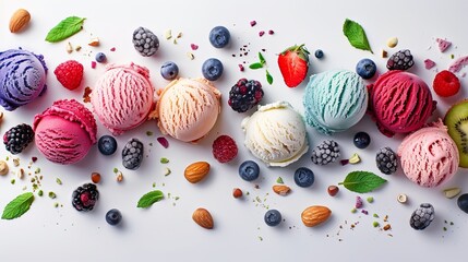 Creamy ice cream scoops in vibrant hues and tempting flavors, adorned with juicy berries, crunchy...