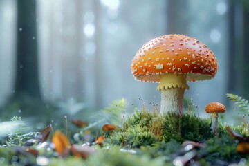 Craft a 3D Blender minimalist scene with a bright mushroom in a natural forest floor setting, on an isolated background, space for texts
