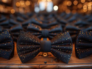 A collection of black bow ties neatly arranged on top of a wooden table.