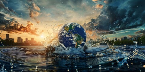 Fototapeta premium Earth Emerges with a Splash from the Ocean's Depths at Sunrise, Symbolizing Environmental Urgency, Generative AI