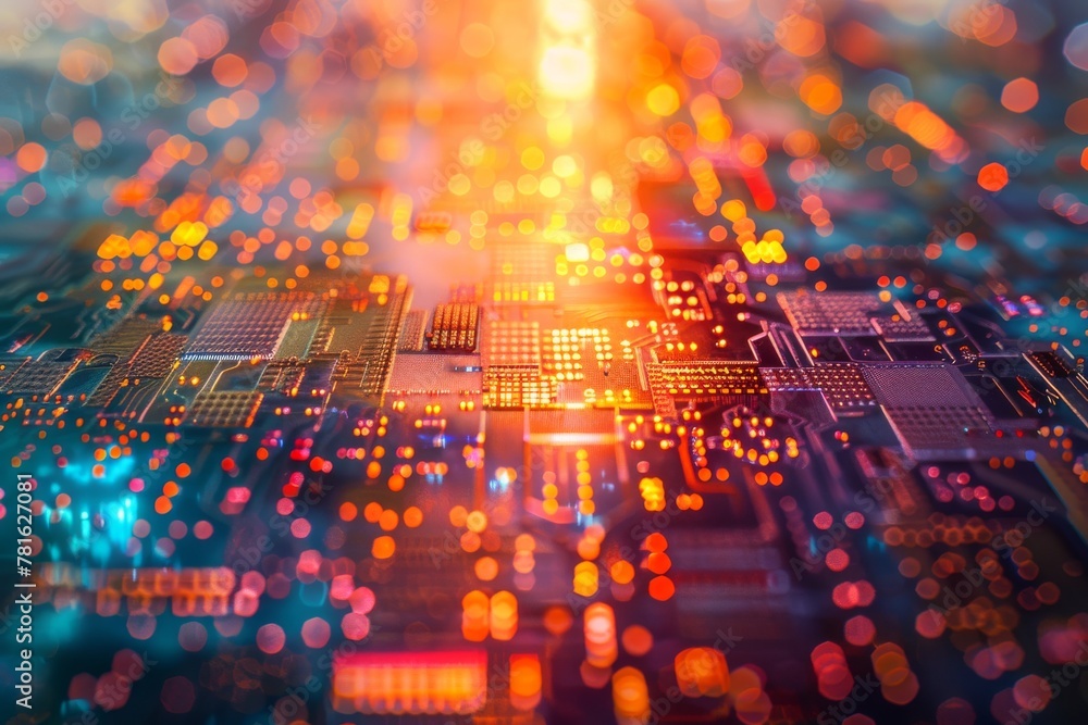 Poster close-up of a vibrant microchip circuit with glowing lights