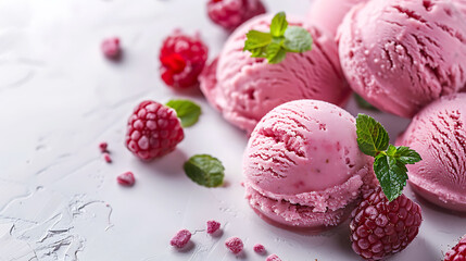 Raspberry sorbet scoops with mint on textured background. Close-up view of fruit gelato for dessert menu design
