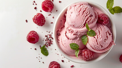 Raspberry sorbet scoops with mint on textured background. Close-up view of fruit gelato for dessert menu design - obrazy, fototapety, plakaty