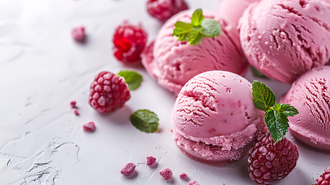 Raspberry sorbet scoops with mint on textured background. Close-up view of fruit gelato for dessert menu design