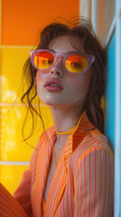 Young Woman Wearing Sunglasses Standing in Front of Blue and Yellow Wall - 781627232
