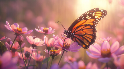 A mesmerizing scene of a monarch butterfly gracefully hovering over a cluster of pink cosmos flowers, its wings poised elegantly as it prepares to land.