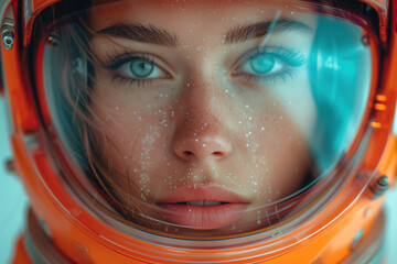 Close-up of a female astronauts face in a space helmet against a blue background - 781627242
