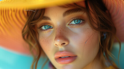 Close-up portrait of a young woman wearing a vibrant yellow hat during a sunny afternoon - 781627256