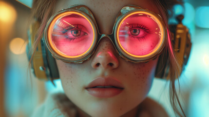 Young woman wearing large round glasses with neon lights inside - 781627257
