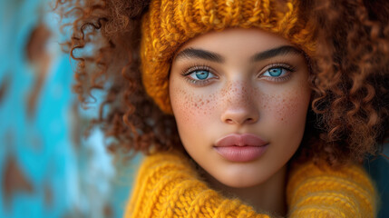 Striking portrait of a young woman with blue eyes and curly hair wearing a yellow headwarmer - 781627260