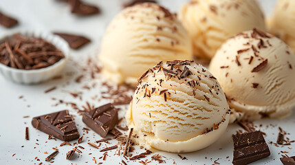 Vanilla ice cream scoops with chocolate shavings on white background. Macro shot with place for...