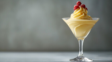 Zabaione cream with raspberries in a glass. Close-up shot with scattered berries on white surface....