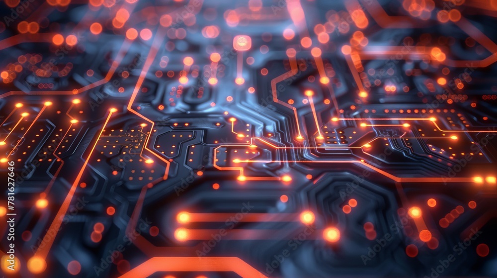 Poster close-up view of a glowing electronic circuit board with intricate connections
