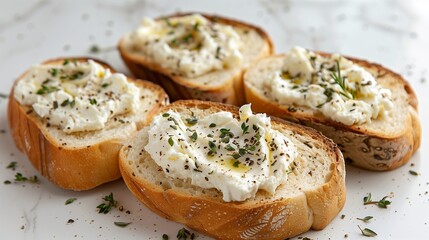 Naklejka na ściany i meble White bread with cream cheese and herbs on it with white background. Generated by artificial intelligence.