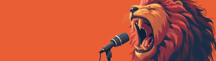 A cartoon lion roaring into a microphone, depicting commanding social media campaigns, isolated background, text space