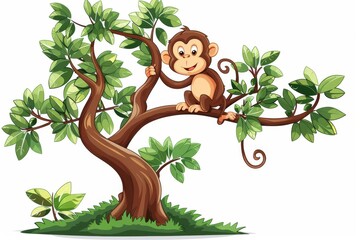 A cartoon monkey climbing a keyword tree, representing climbing search rankings, isolated, space for text
