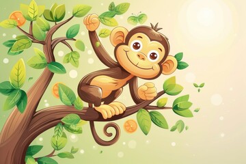 A cartoon monkey climbing a keyword tree, representing climbing search rankings, isolated, space for text