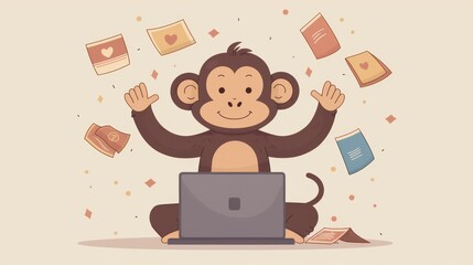 A cartoon monkey with a laptop, juggling ads, symbolizing multi-campaign management, isolated, room for text