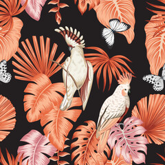 Tropical vintage pink palm leaves, pink cockatoo parrot, butterfly floral seamless pattern black background. Exotic jungle wallpaper.