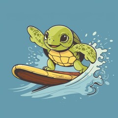 Cartoon turtle on surfboard adventurous