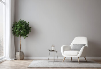 A white chair is standing next to a potted plant in a simple living room. The chair is by the window, allowing natural light to illuminate the room. The plant adds greenery to the space. 